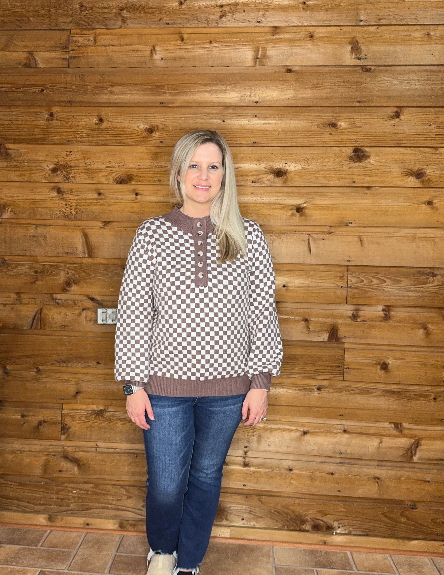 Half Button Ribbed Trim Checkerboard Knit Sweater