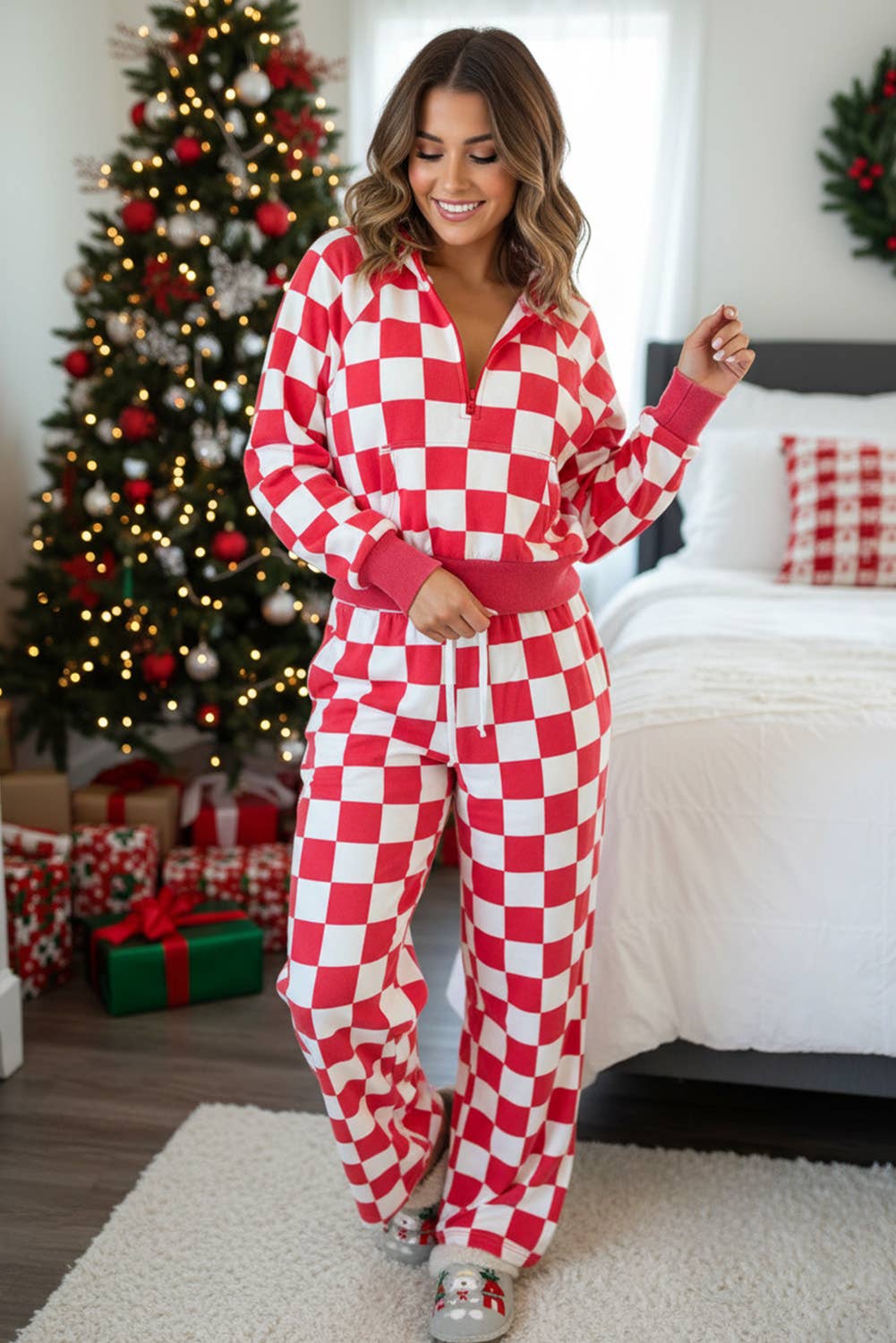 Checkered Half Zip Hoodie and Loose Pants Set