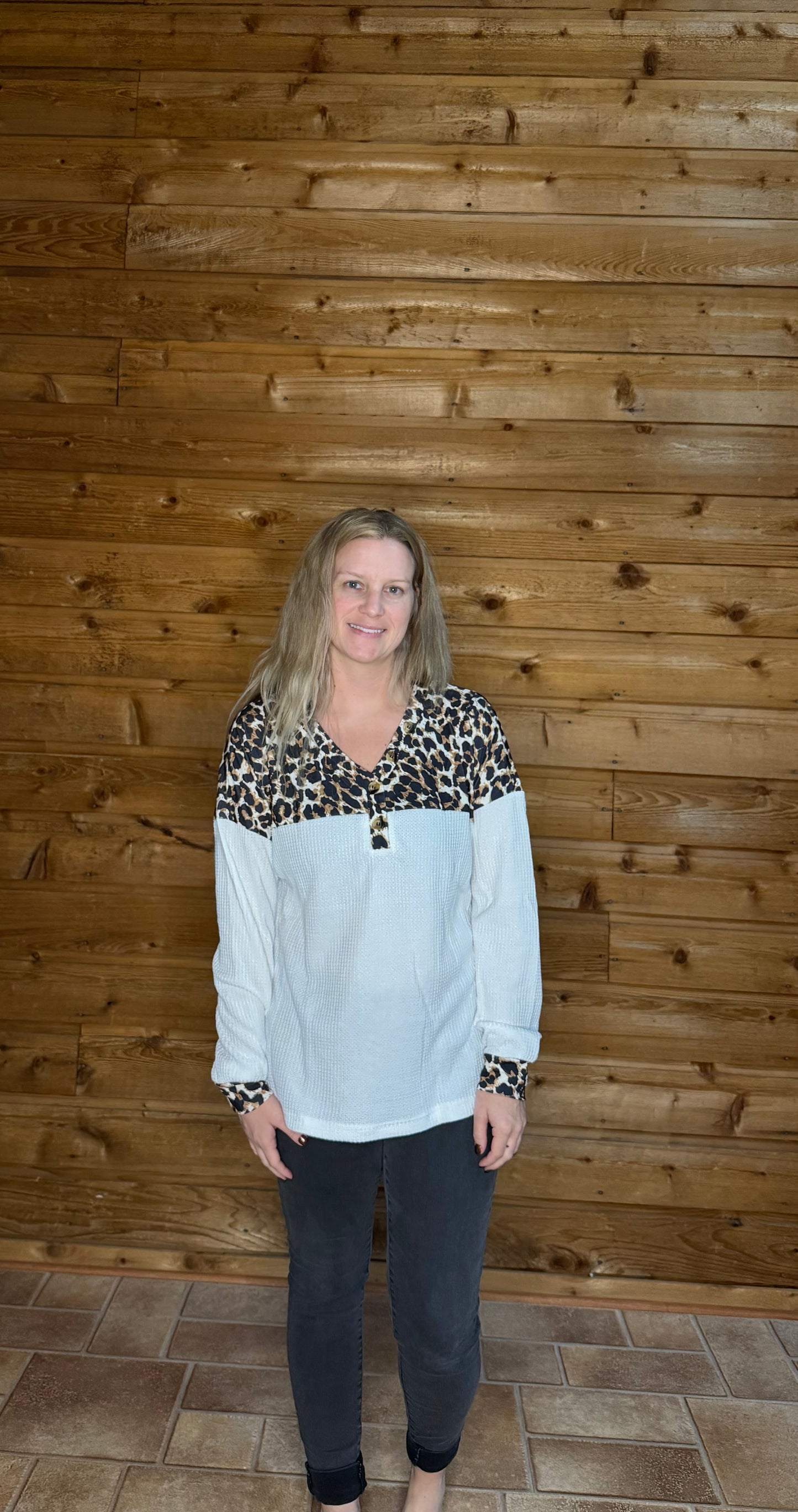 Leopard Waffle Knit Patchwork Button V Neck Top