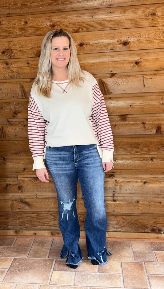 Stripe Color Block Patchwork Loose Long Sleeve Top