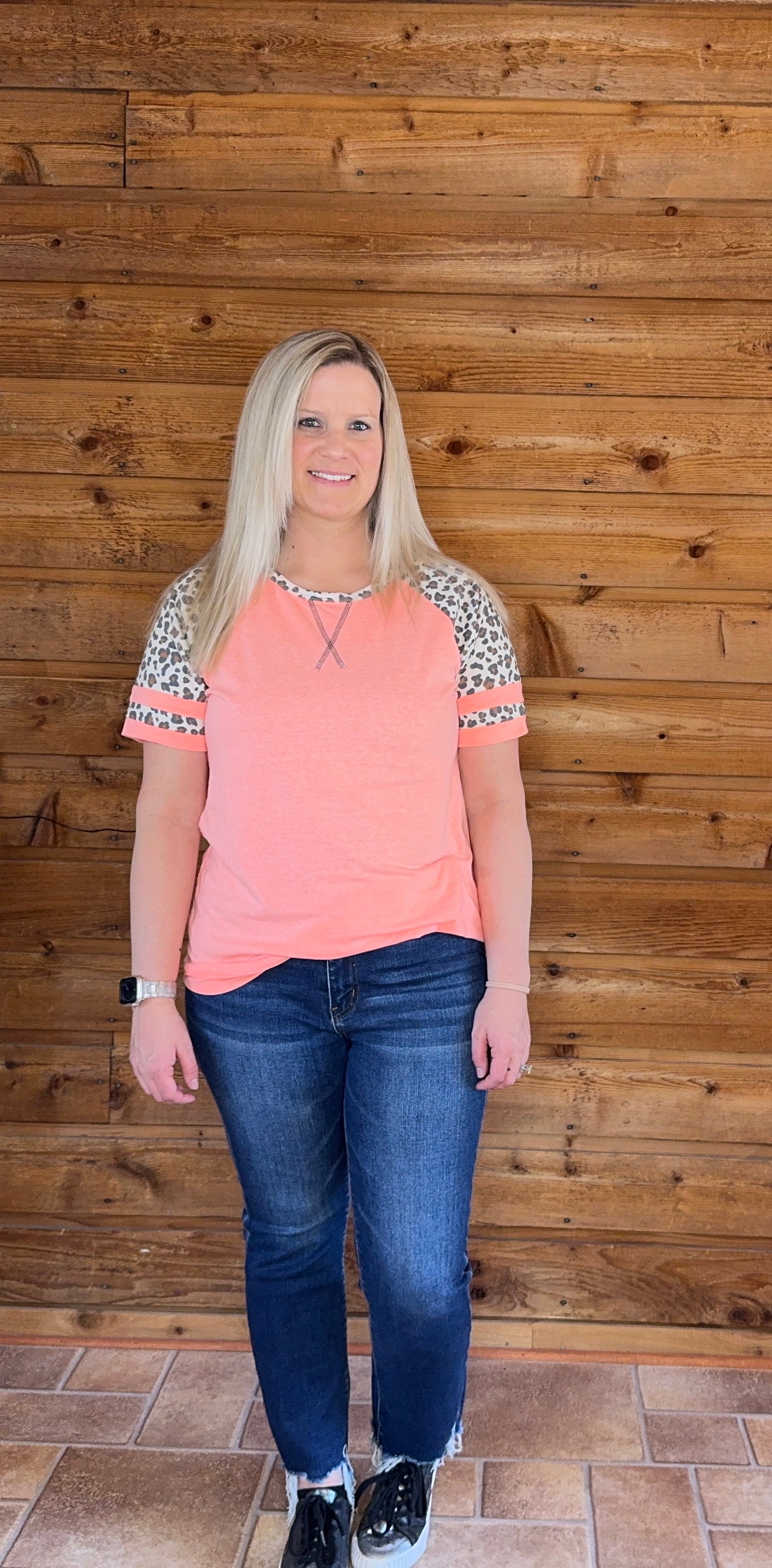 Coral & Leopard Top