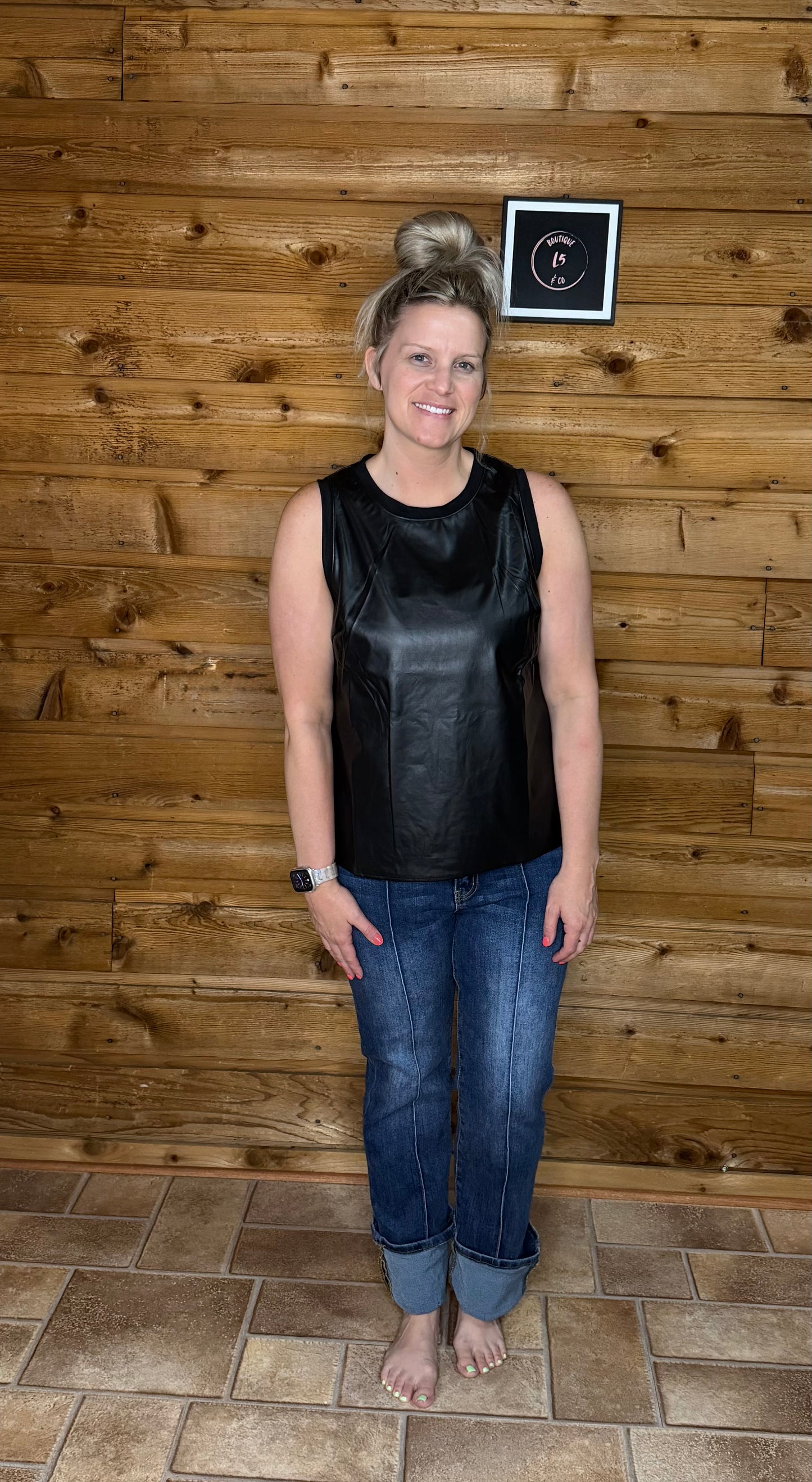 Black Faux Leather Crew Neck Tank Top