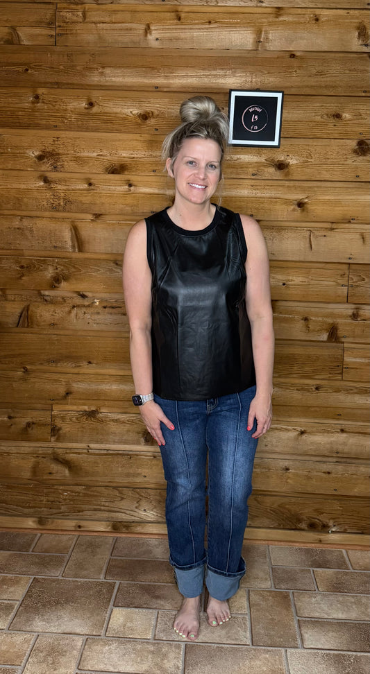 Black Faux Leather Crew Neck Tank Top