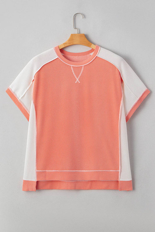 Plus Size Colorblock Corded Knit Crewneck Top