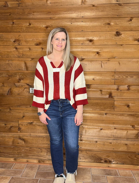 Stripe Color Block V Neck Bracelet Sleeve Sweater