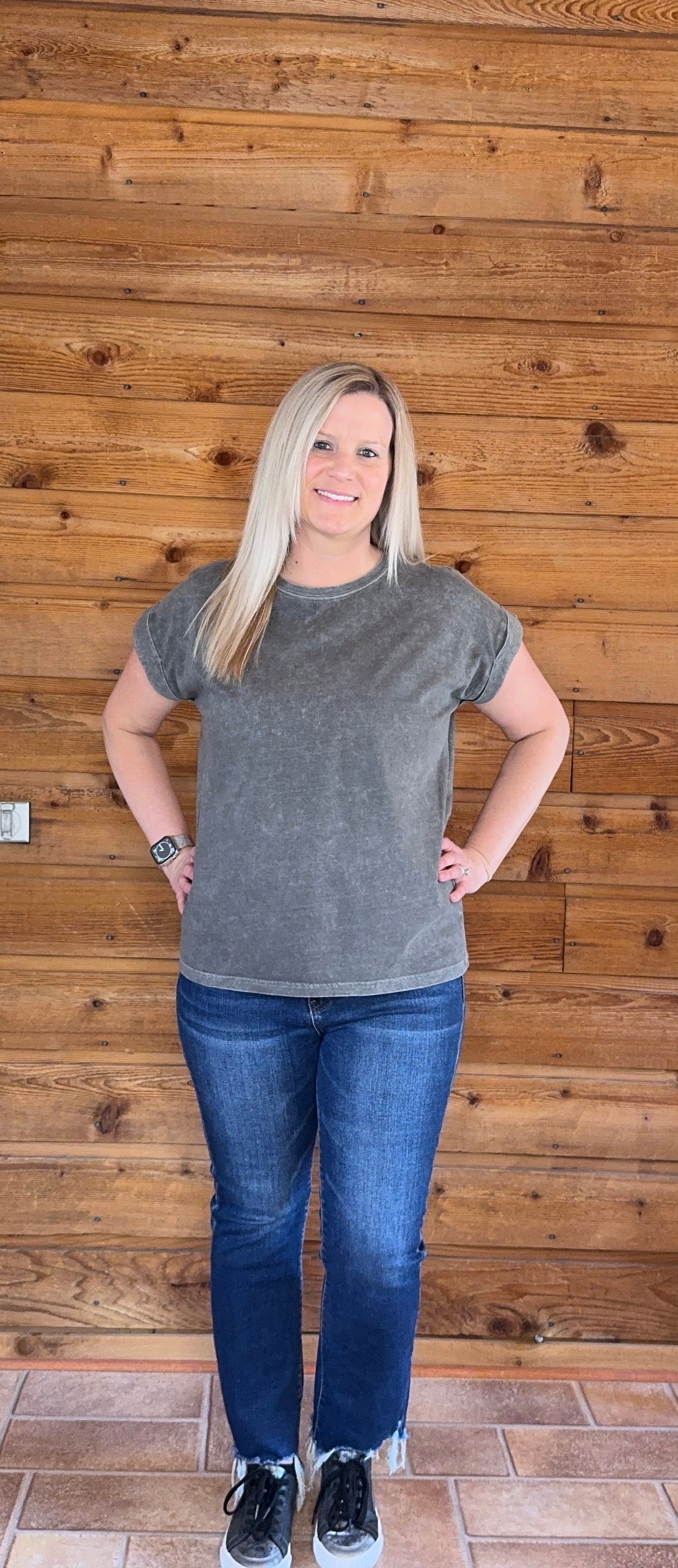 Acid Wash Cuff Sleeve Top