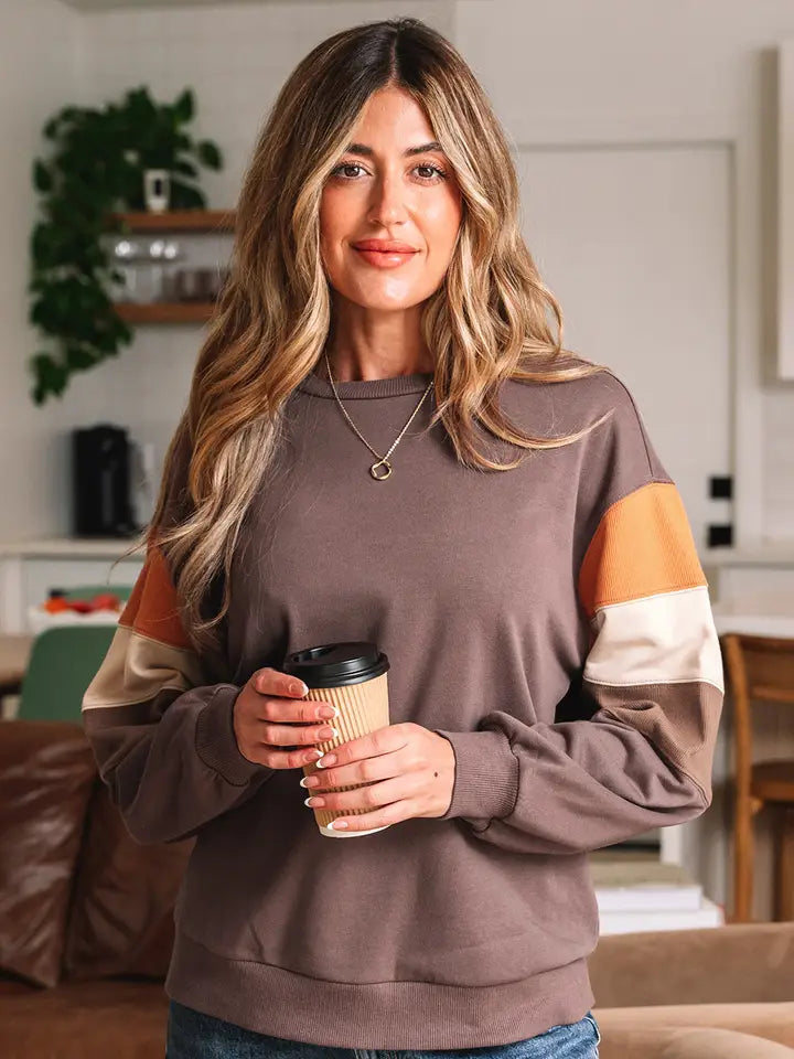 Brown Color Block Sleeve Top