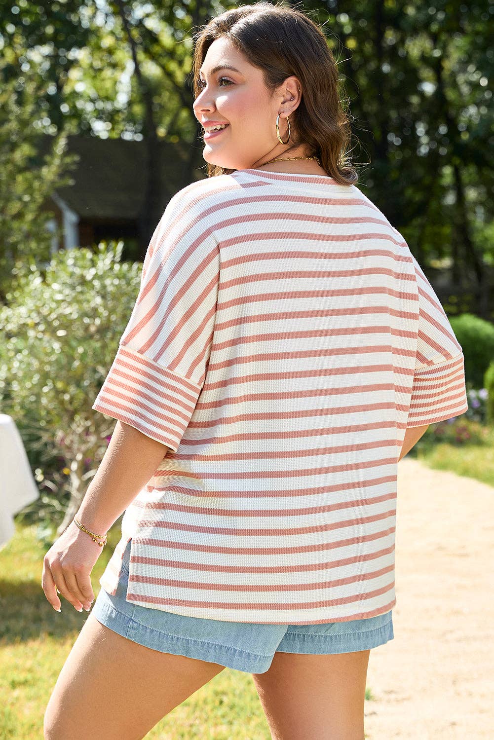 Striped Plus Size Pocket T-Shirt in Pink