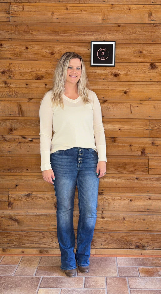 Waffle Knit V Neck Long Sleeve Top